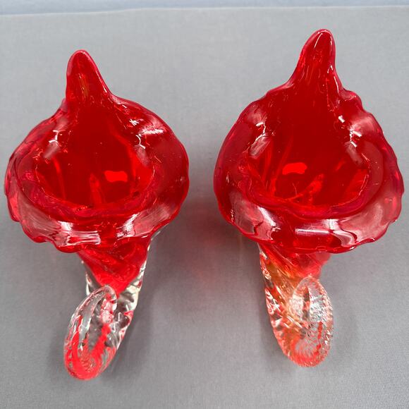 Set of 2 VTG Murano Sommerso Jack in Pulpit Cornucopia Red Clear Vase Japan 8" - Picture 4 of 16